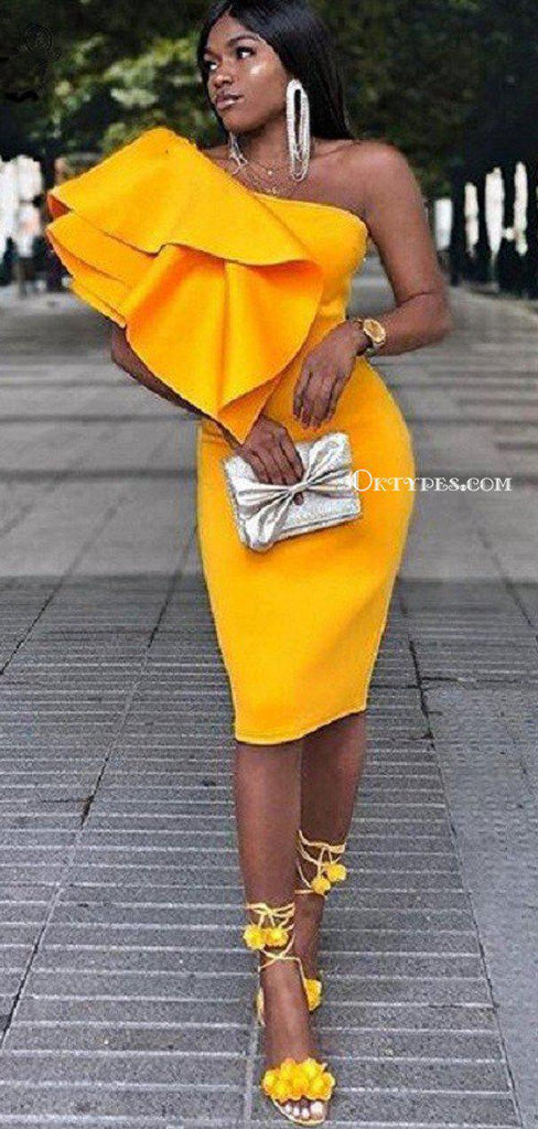 Charming One Shoulder Yellow Satin Fashion Short Cheap Party Homecoming Dresses, HDS0001