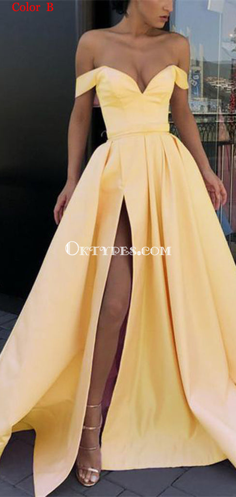 Off Shoulder Yellow Side Slit Cheap Yellow Long Evening Prom Dresses, Party Prom Dresses, PDS0092